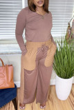 Camel Fashion Casual Patchwork Basic V Neck Long Sleeve Two Pieces