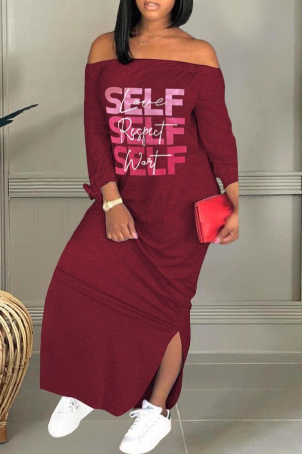 Burgundy Casual Print Patchwork Off the Shoulder Straight Dresses
