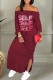 Burgundy Casual Print Patchwork Off the Shoulder Straight Dresses