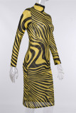 Yellow Fashion Sexy Print See-through Long Sleeve Dresses
