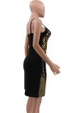 Black Sexy Casual Print Backless V Neck Sling Dress