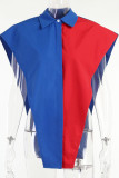 Red Yellow Sexy Print Hollowed Out Patchwork Buckle Asymmetrical Turndown Collar Tops
