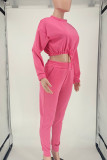 Rose Red Casual Solid Split Joint Draw String O Neck Long Sleeve Two Pieces