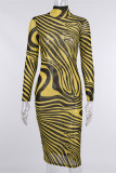 Yellow Fashion Sexy Print See-through Long Sleeve Dresses