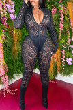 Black Sexy Solid Patchwork See-through Zipper Collar Long Sleeve Two Pieces