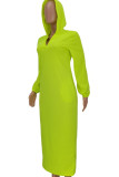 Fluorescent Green Fashion Casual Solid Ripped Hooded Collar One Step Skirt Dresses