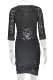 Red Print Tassel Hollowed Out Patchwork O Neck Pencil Skirt Dresses