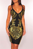 Black Sexy Casual Print Backless V Neck Sling Dress