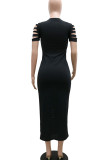 Black Casual Print Ripped Patchwork O Neck Dresses