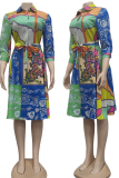 Green Casual Print Patchwork Turndown Collar Cake Skirt Dresses