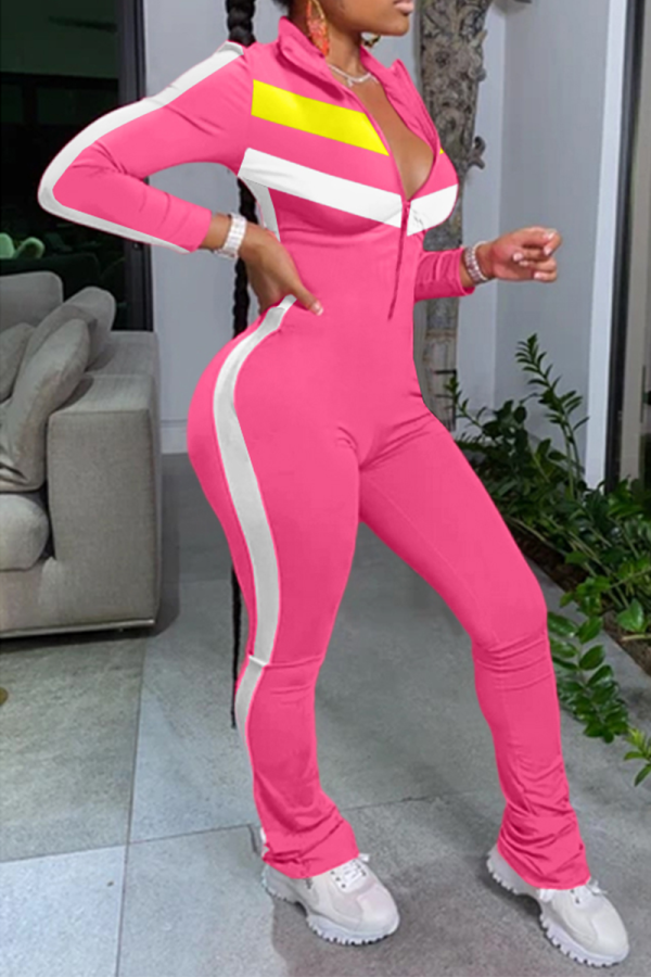 Pink Sexy Solid Patchwork Turndown Collar Skinny Jumpsuits