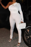 White Sexy Solid Patchwork Oblique Collar Skinny Jumpsuits