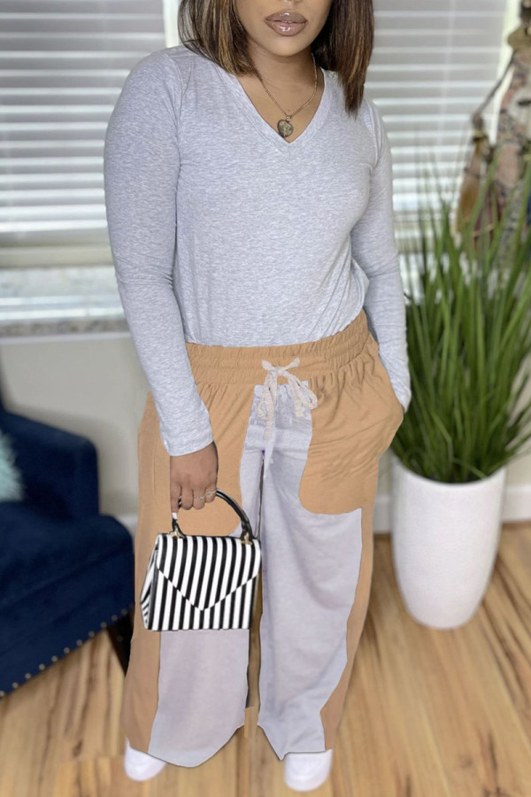 Grey Fashion Casual Patchwork Basic V Neck Long Sleeve Two Pieces