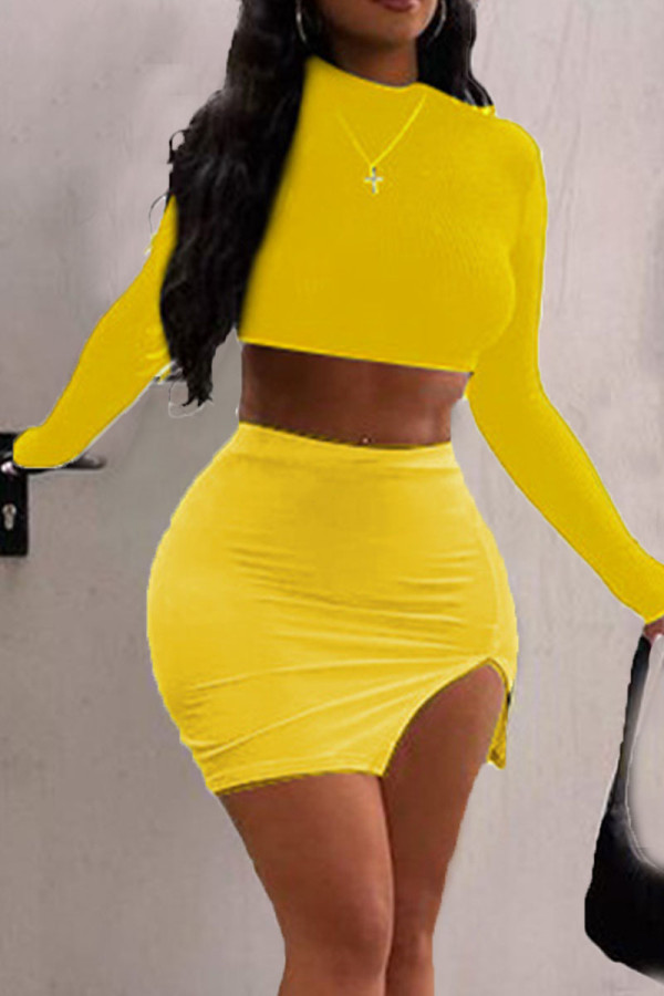 Yellow Sexy Solid Patchwork O Neck Long Sleeve Two Pieces