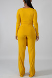 Yellow Casual Solid Bandage Split Joint O Neck Long Sleeve Two Pieces
