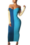 Blue Fashion Adult Patchwork Print Split Joint Bateau Neck Long Sleeve Ankle Length Pencil Skirt Dresses