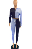 Blue Yellow Fashion Casual Patchwork Basic Turndown Collar Long Sleeve Two Pieces