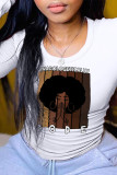 White Fashion Street Print Patchwork O Neck Tops