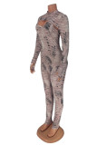 Multicolor Sexy Casual Print Hollowed Out Half A Turtleneck Long Sleeve Two Pieces