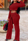 Red Casual Solid Bandage Patchwork O Neck Long Sleeve Two Pieces