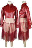 Red Fashion Solid Split Joint Buckle Mesh Turndown Collar Outerwear