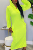 Fluorescent Green Fashion Casual Solid Ripped Hooded Collar One Step Skirt Dresses
