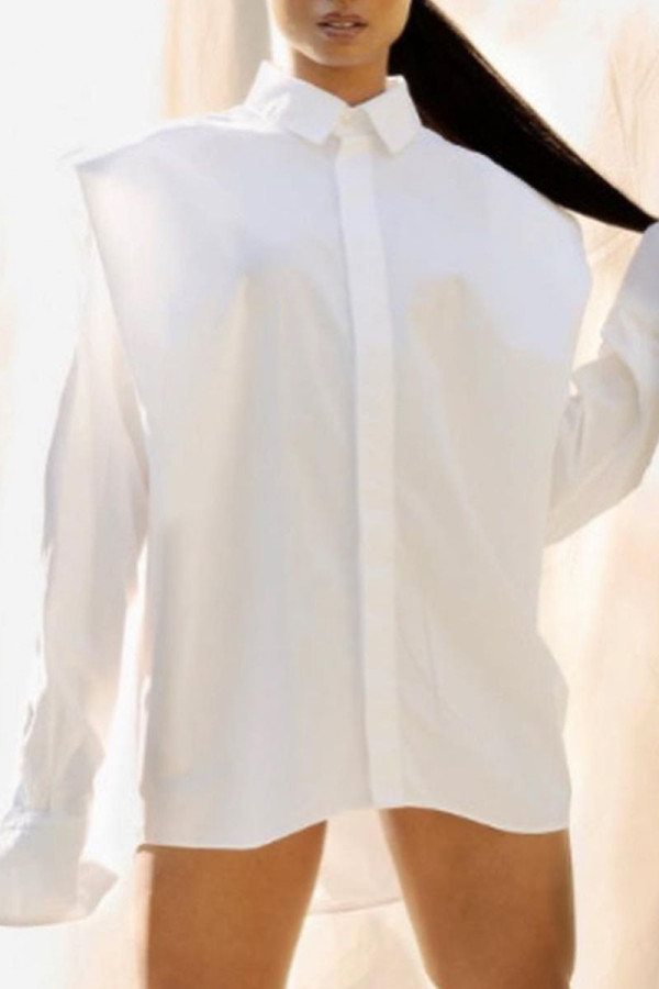 White Fashion Solid Patchwork Buckle Asymmetrical Turndown Collar Tops