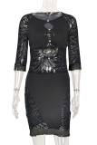 Red Print Tassel Hollowed Out Patchwork O Neck Pencil Skirt Dresses