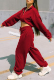 Red Casual Solid Patchwork Zipper Collar Long Sleeve Two Pieces