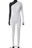White Sexy Solid Patchwork Oblique Collar Skinny Jumpsuits