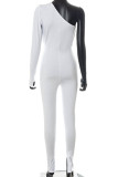 White Sexy Solid Patchwork Oblique Collar Skinny Jumpsuits