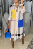 Multicolor Fashion Casual Plaid Patchwork Turndown Collar Straight Dresses