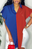 Red Yellow Sexy Print Hollowed Out Patchwork Buckle Asymmetrical Turndown Collar Tops