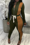 Army Green Casual Solid Patchwork Zipper Zipper Collar Long Sleeve Two Pieces