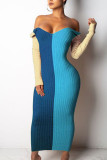 Blue Fashion Adult Patchwork Print Split Joint Bateau Neck Long Sleeve Ankle Length Pencil Skirt Dresses