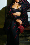 Black Fashion Casual Letter Print Cardigan Turndown Collar Long Sleeve Two Pieces
