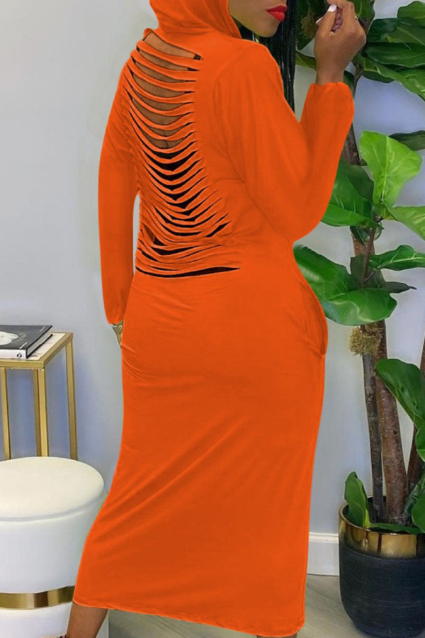Orange Fashion Casual Solid Ripped Hooded Collar One Step Skirt Dresses