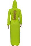 Fluorescent Green Fashion Casual Solid Ripped Hooded Collar One Step Skirt Dresses