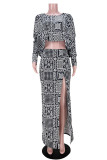 Black Fashion Casual Print Slit O Neck Long Sleeve Two Pieces