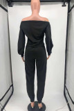 Black Fashion Casual Solid Zipper Off the Shoulder Long Sleeve Two Pieces