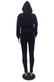 Black Fashion Casual Letter Print Basic Hooded Collar Long Sleeve Two Pieces