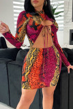 Multicolor Sexy Print Hollowed Out Patchwork Frenulum O Neck One Step Skirt Dresses