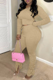 Khaki Fashion Casual Solid Fold O Neck Long Sleeve Two Pieces