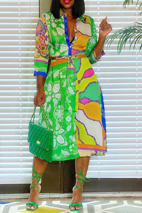 Green Casual Print Patchwork Turndown Collar Cake Skirt Dresses