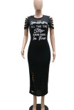 Black Casual Print Ripped Patchwork O Neck Dresses