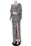 Black Fashion Casual Print Slit O Neck Long Sleeve Two Pieces