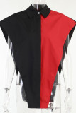Red Yellow Sexy Print Hollowed Out Patchwork Buckle Asymmetrical Turndown Collar Tops