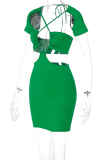 Green Sexy Solid Hollowed Out Halter Pencil Skirt Dresses