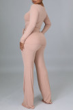 Pink Casual Solid Bandage Split Joint O Neck Long Sleeve Two Pieces