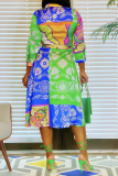 Green Casual Print Patchwork Turndown Collar Cake Skirt Dresses